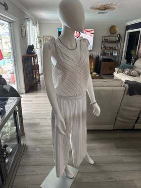 4OUR DREAMERS White Pinstripe Linen-Blend Tie-Shoulder Jumpsuit